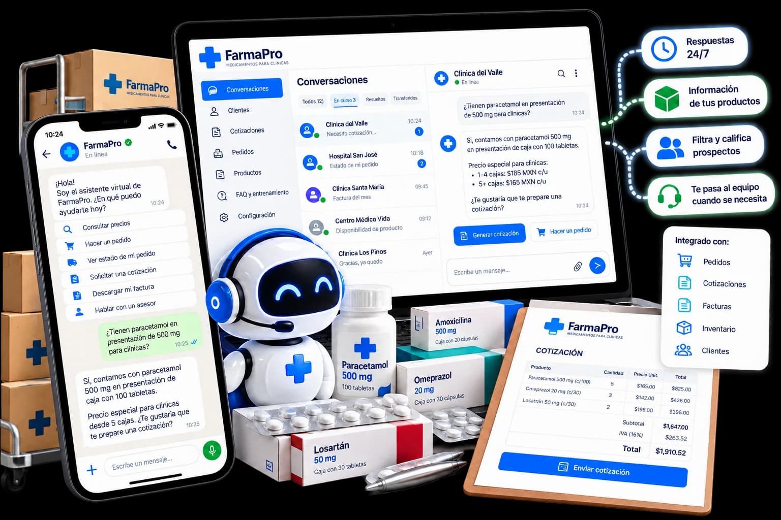 Agente de atención al cliente con inteligencia artificial: chat de WhatsApp, panel de conversaciones y cotización generada para una distribuidora de medicamentos.