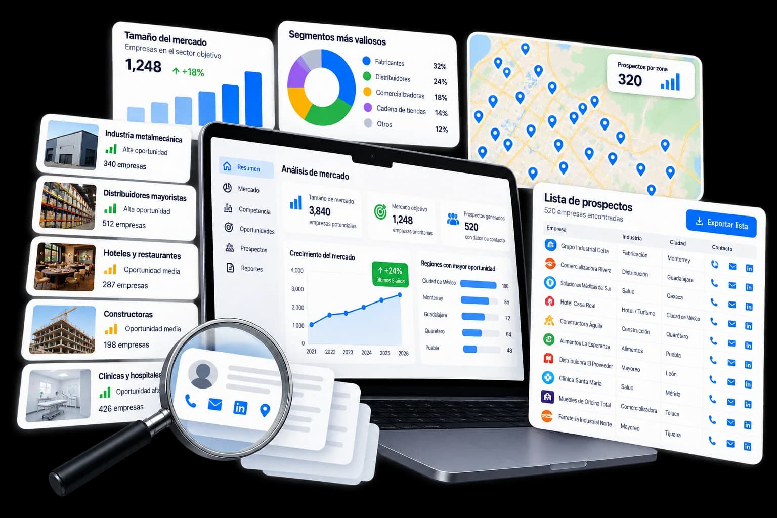 Panel de análisis de mercado con segmentos más valiosos, mapa de prospectos y una lista de empresas con datos de contacto.
