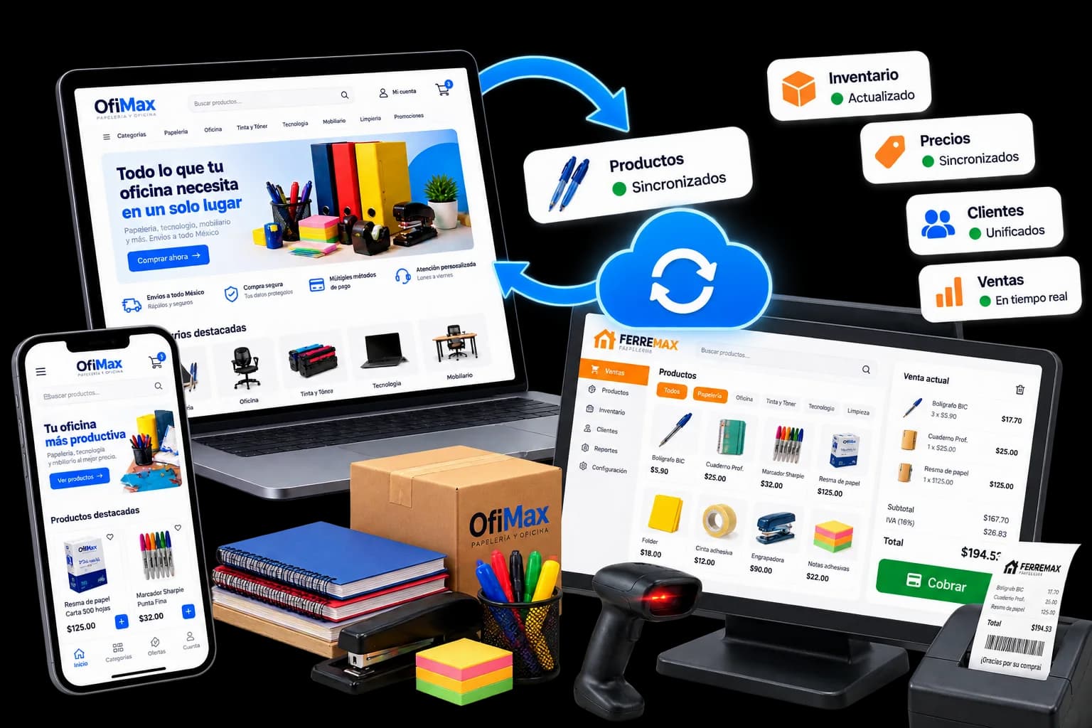 Tienda en línea y punto de venta de una papelería sincronizados: inventario, precios, clientes y ventas actualizados en tiempo real.