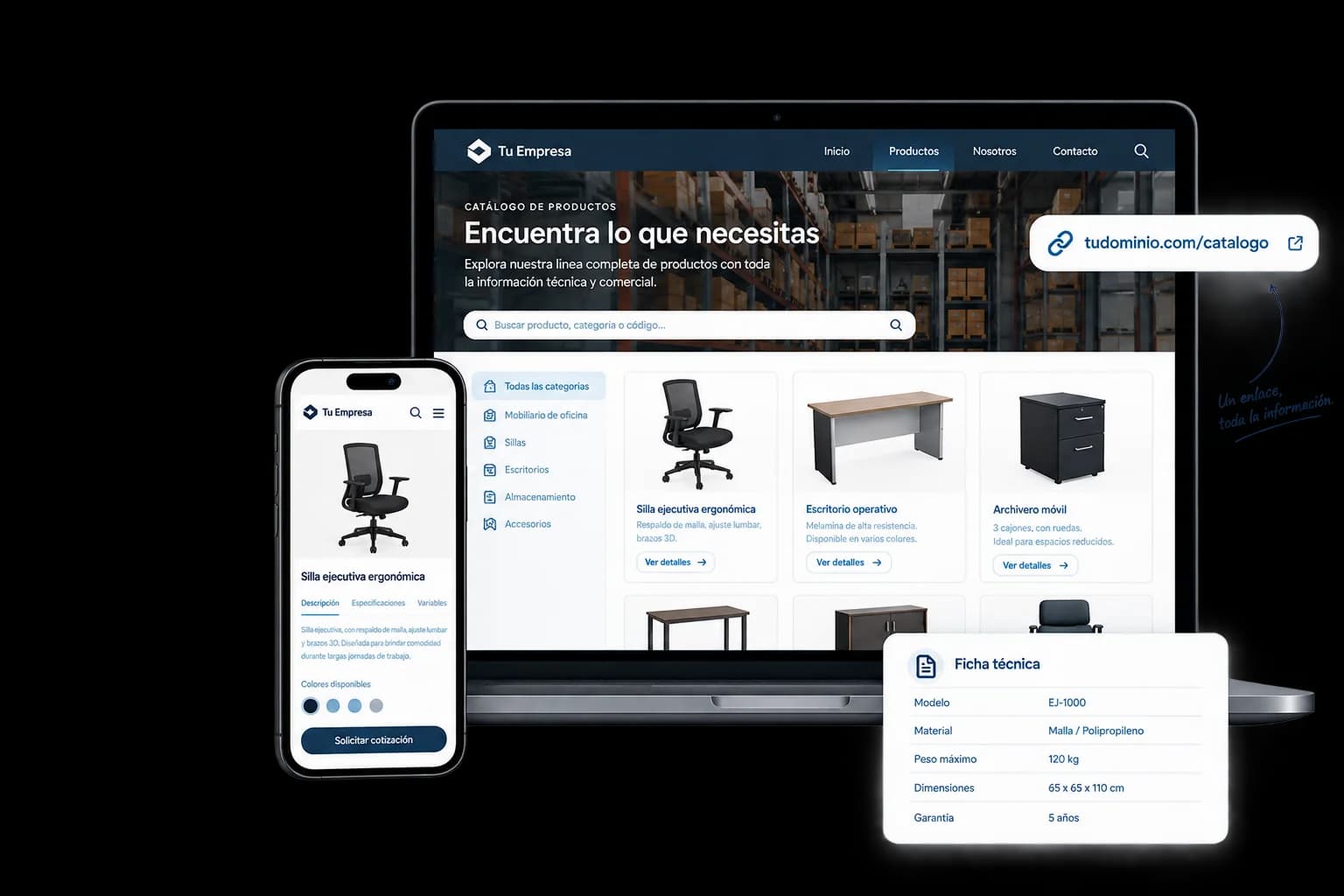 Catálogo digital de productos de oficina en laptop y celular, con ficha técnica y enlace para compartir.