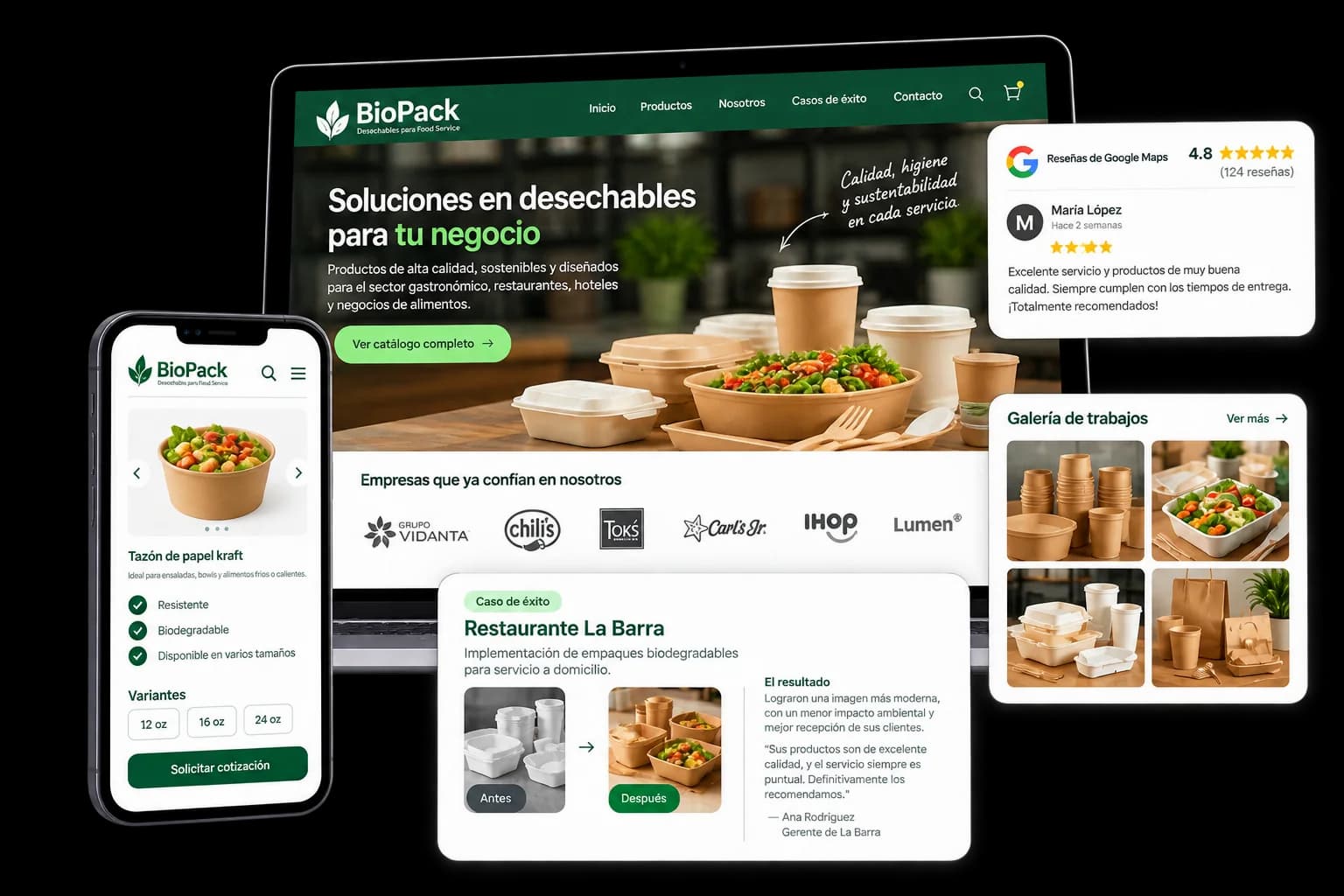 Sitio web de una comercializadora con logos de clientes, reseñas de Google Maps, galería de trabajos y un caso de éxito.