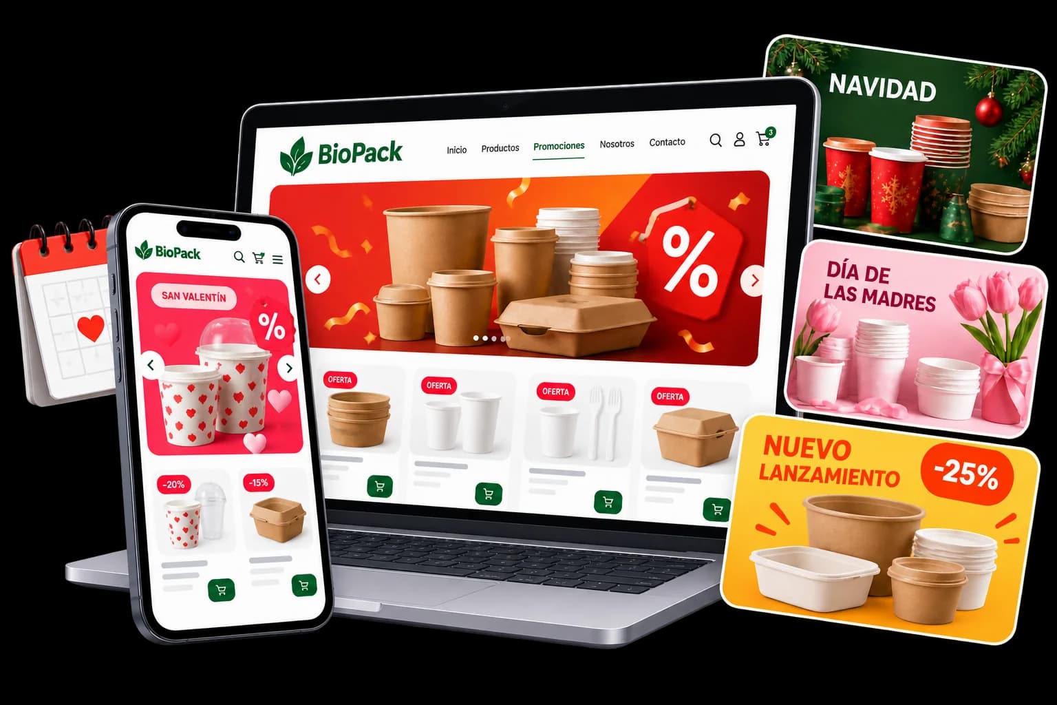 Sitio web con banners de promociones de temporada: Navidad, Día de las Madres y nuevos lanzamientos con descuento.