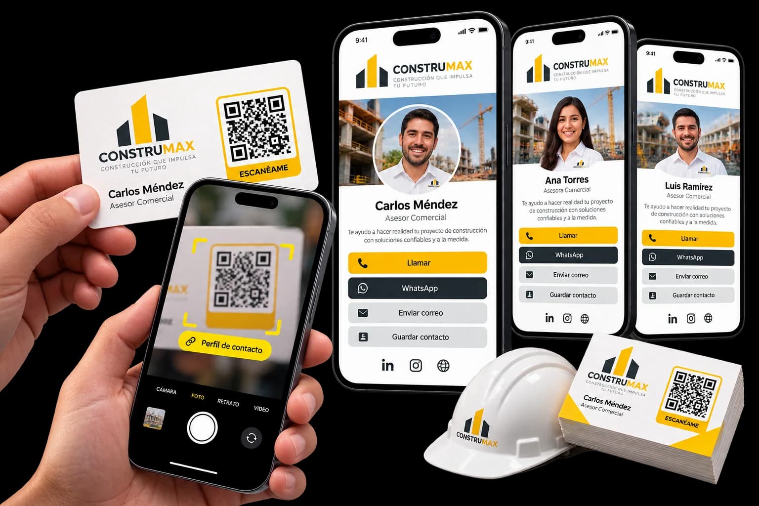 Un cliente escanea con su celular el código QR de una tarjeta de presentación y aterriza en la tarjeta digital del agente de ventas.
