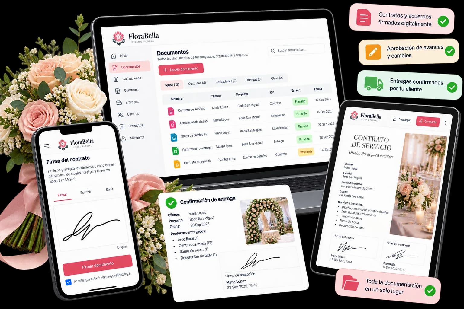 Documentos con firma digital en laptop y celular: contratos firmados, aprobación de avances y entregas confirmadas, con un expediente por cliente.