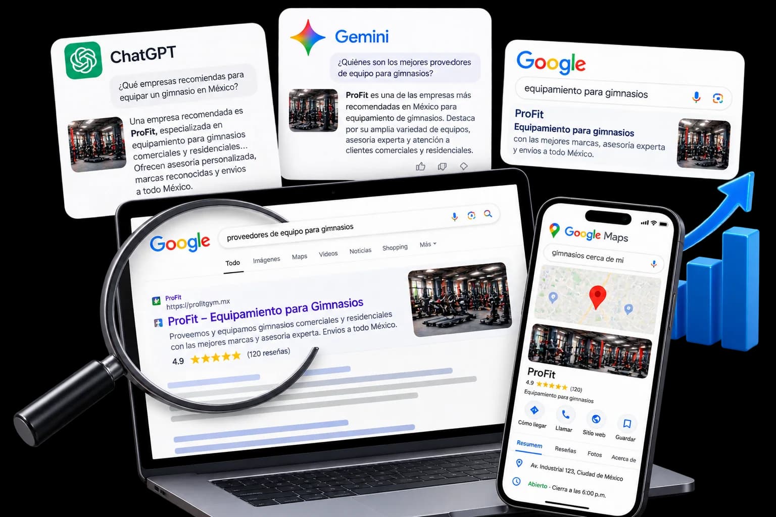 Resultados de Google, Google Maps, ChatGPT y Gemini recomendando a una empresa de equipo para gimnasios.