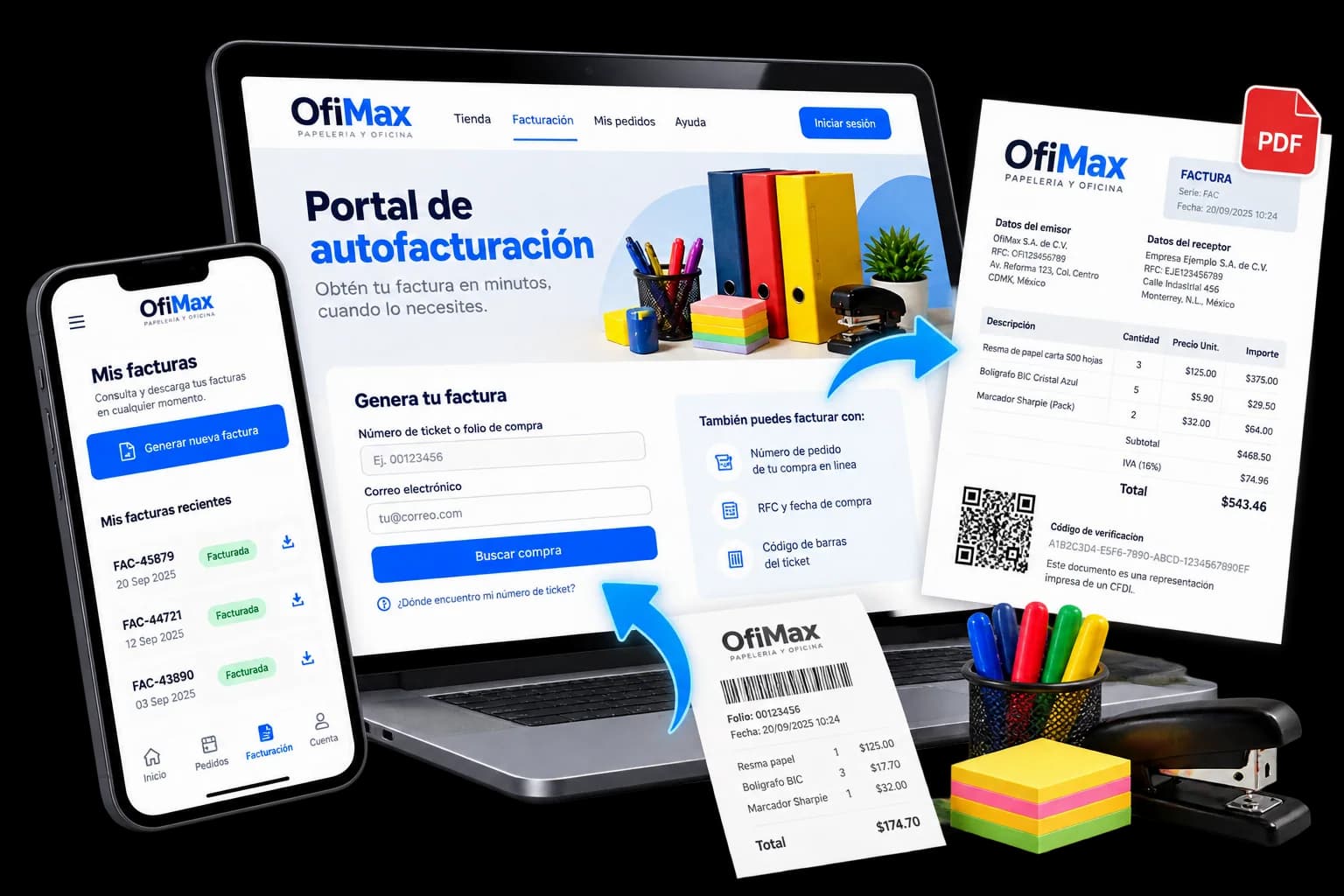 Portal de autofacturación en laptop y celular: el cliente captura el folio de su ticket y descarga su factura en PDF.