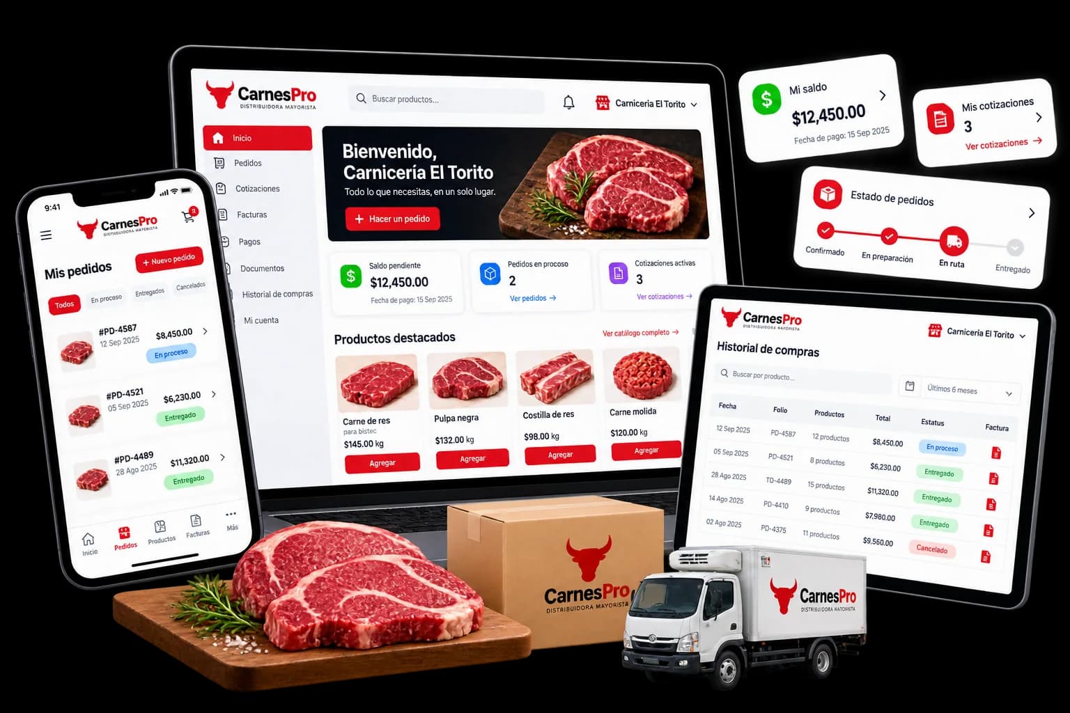 Portal del cliente de una carnicería mayorista en laptop y celular, con pedidos, saldo pendiente, estado del pedido e historial de compras.