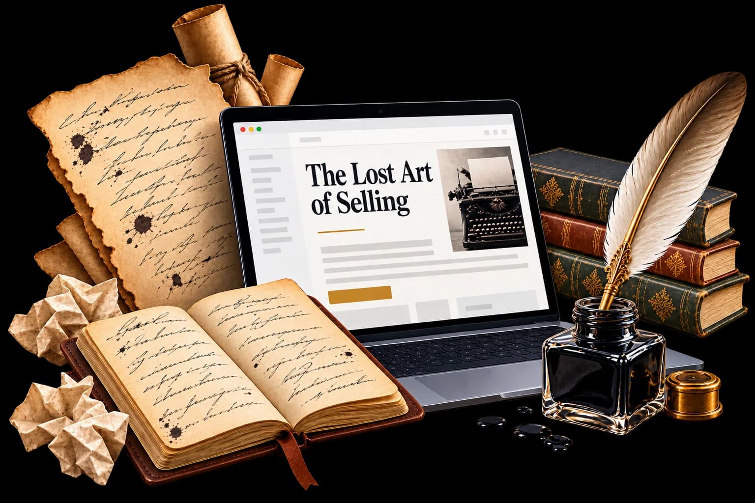Laptop con un artículo sobre el arte de vender, rodeada de manuscritos, un libro abierto, libros antiguos y una pluma con tintero: la redacción publicitaria.