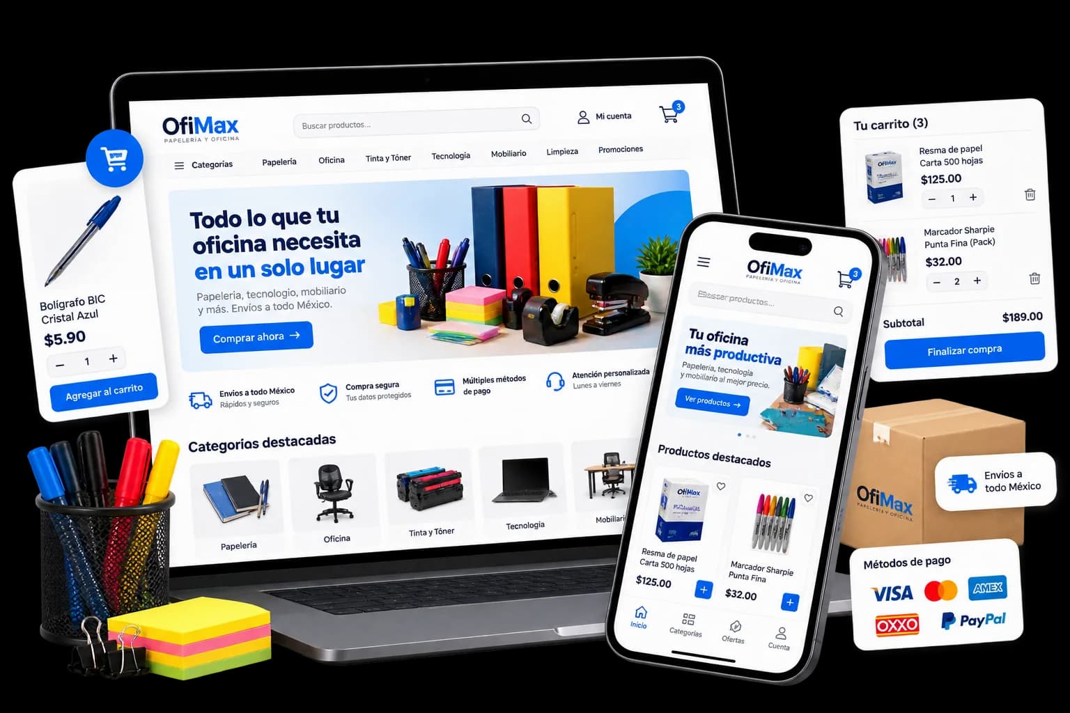 Tienda en línea de una papelería en laptop y celular, con carrito de compra, métodos de pago y envíos a todo México.